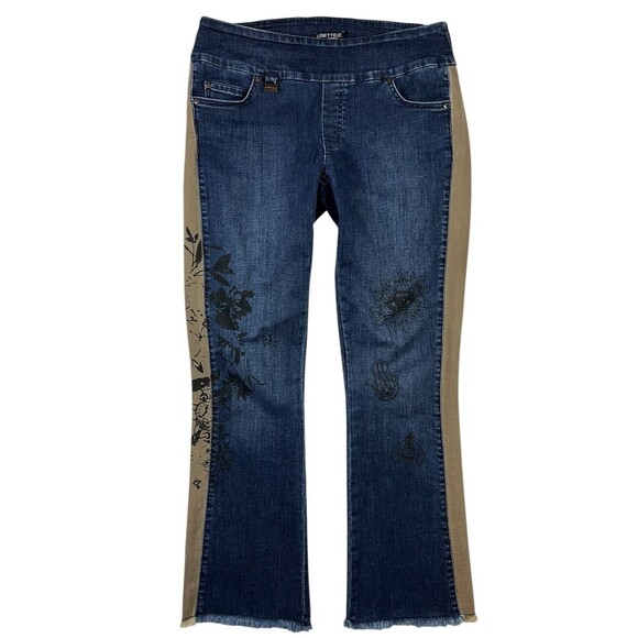 Lisette-L 455637 Pullon Slimming Boot Jeans Size 6  Tuxedo Stripe Floral Raw Hem - Picture 1 of 11